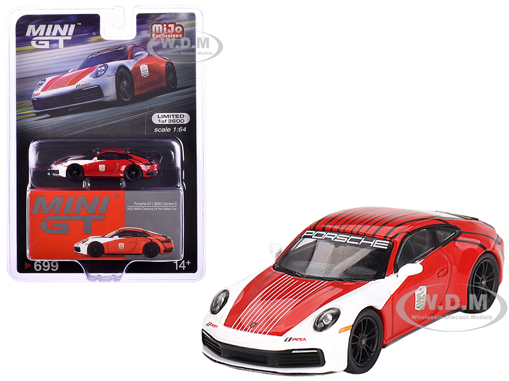 Porsche 911 (992) Carrera S Safety Car 2023 IMSA Daytona 24 Hours Red and White with Stripes Limited Edition to 3600 pieces Worldwide 1/64 Diecast Model Car by Mini GT