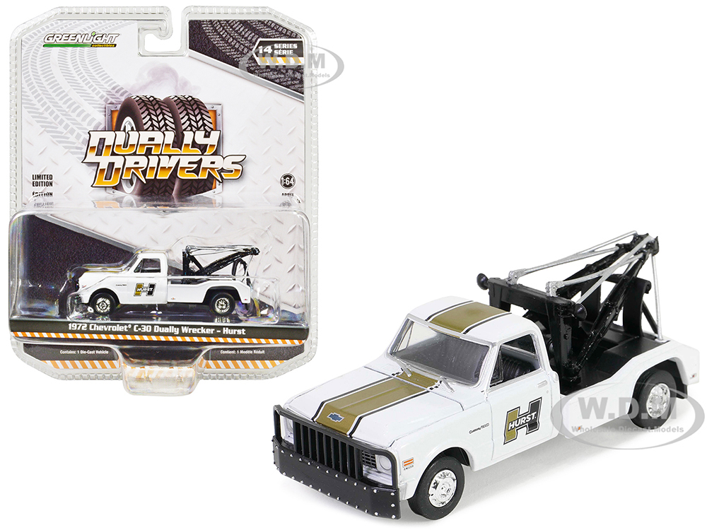 1972 Chevrolet C-30 Dually Wrecker Tow Truck White with Gold Stripes Hurst Dually Drivers Series 14 1/64 Diecast Model Car by Greenlight