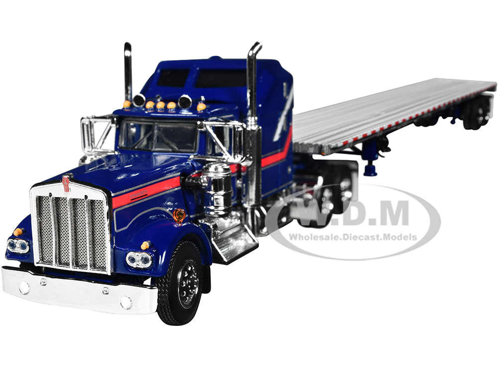 Kenworth W900A with Aerodyne Sleeper and 53 Wilson Roadbrute Flatbed Trailer Blue with Red Stripes Liberty 1/64 Diecast Model by DCP/First Gear