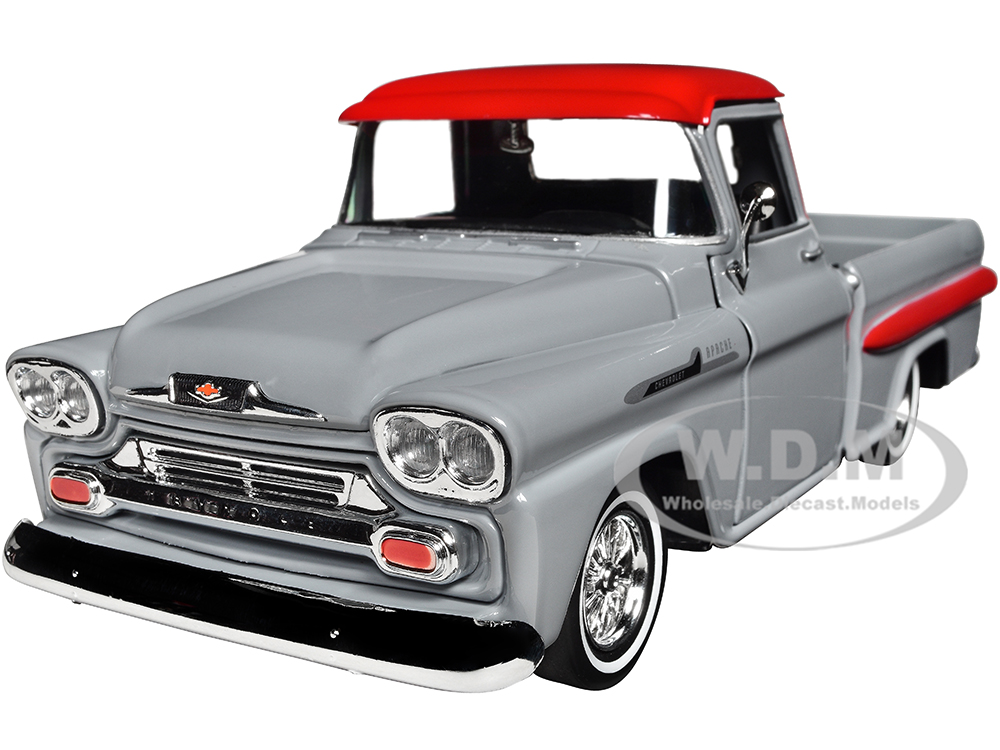 1958 Chevrolet Apache Fleetside Pickup Truck Lowrider Gray with Red Top Get Low Series 1/24 Diecast Model Car by Motormax