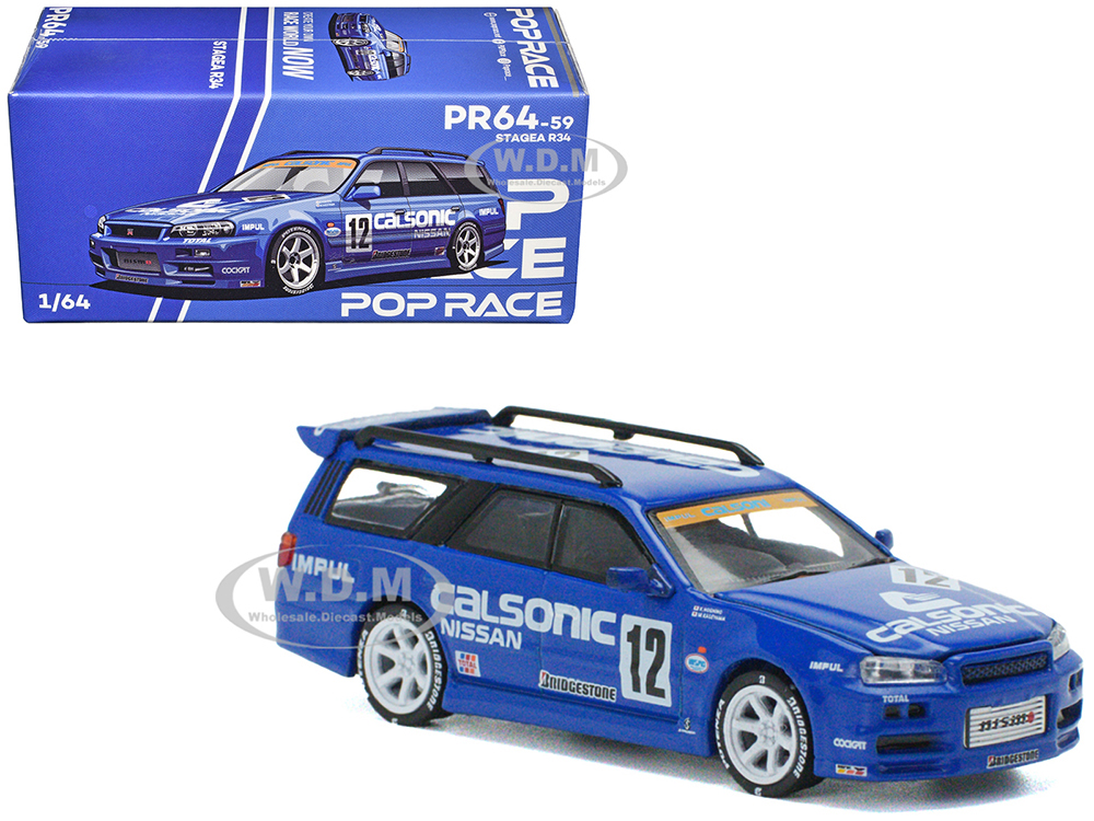 Nissan GT-R Stagea R34 RHD (Right Hand Drive) #12 Calsonic Blue 1/64 Diecast Model Car by Pop Race