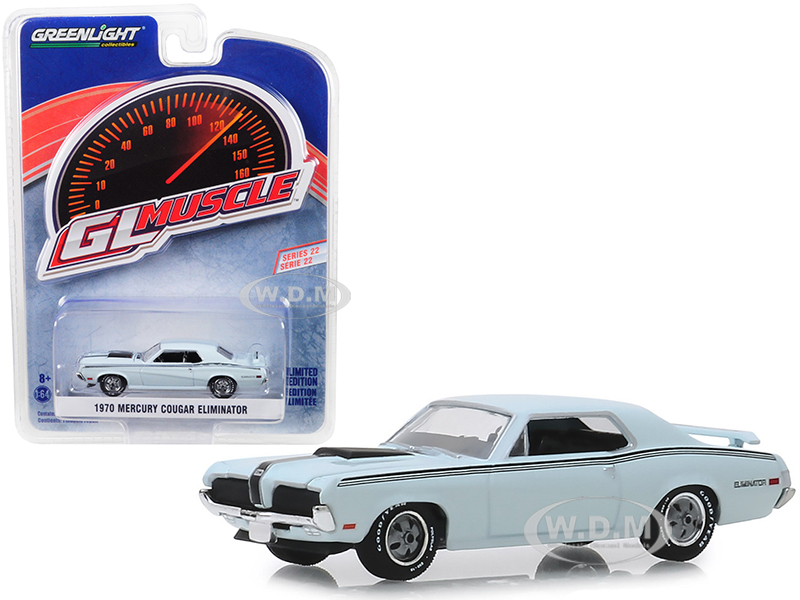 1970 Mercury Cougar Eliminator Pastel Blue With Black Stripes "greenlight Muscle" Series 22 1/64 Diecast Model Car By Greenlight