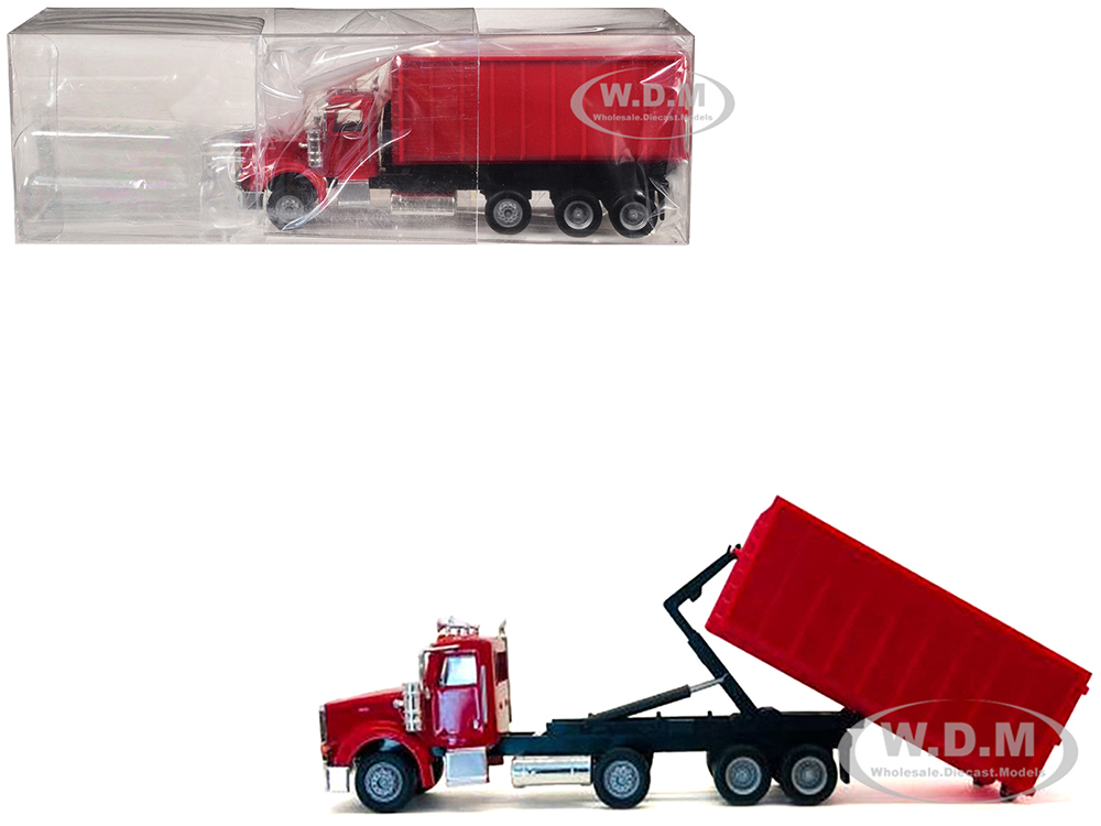 Peterbilt 367 Roll-Off Dump Truck Red with Red Box 1/87 (HO) Plastic Model Car by Promotex