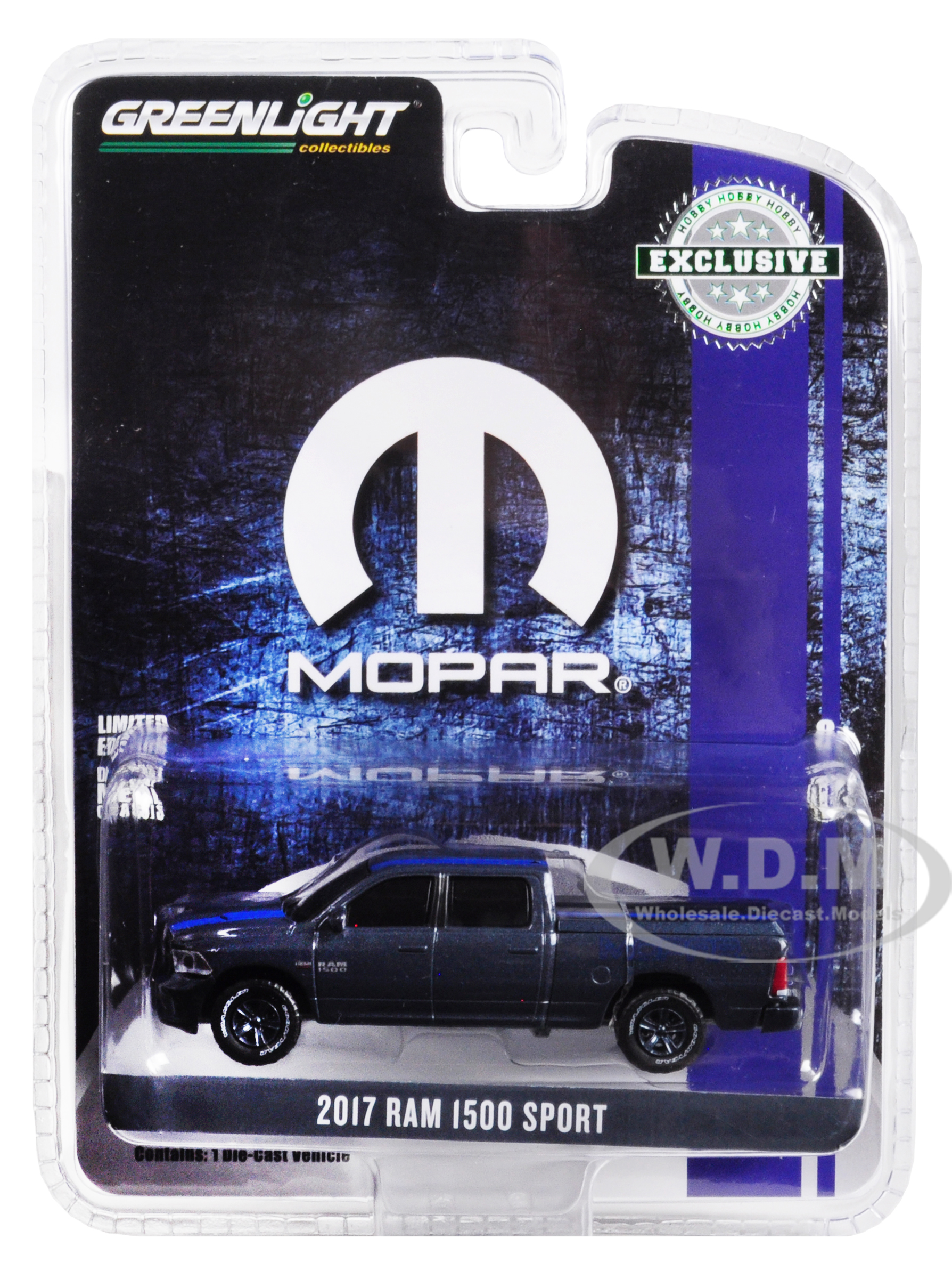 2017 Dodge Ram 1500 Sport Pickup Truck With Bed Cover Metallic Dark Blue And Blue Stripe "mopar" "hobby Exclusive" 1/64 Diecast Model Car By Greenlig