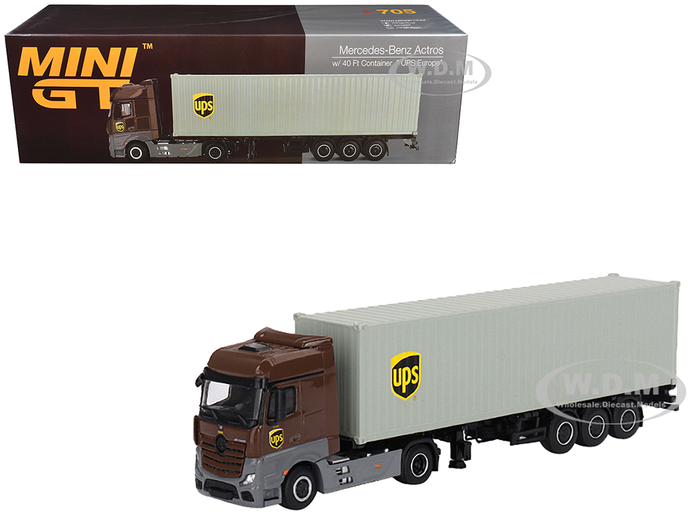 Mercedes-Benz Actros with 40 Container UPS Europe Brown and Gray 1/64 Diecast Model by Mini GT