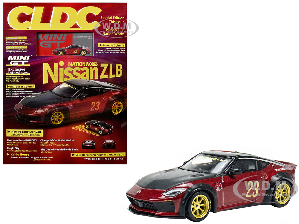 Nissan Z LB Nation Works #23 Gem Red Metallic with Black Top and Hood with CLDC Magazine Special Edition Issue 1/64 Diecast Model Car by Mini GT