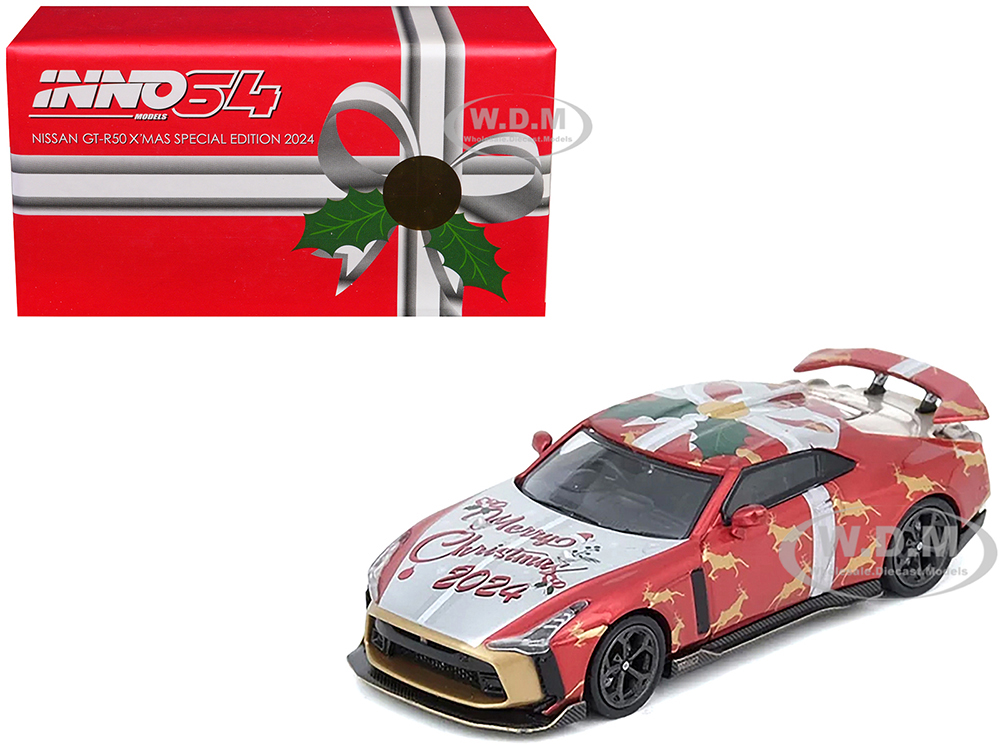 Nissan GT-R50 By ItalDesign RHD (Right Hand Drive) Christmas 2024 Special Edition Red Metallic with Christmas Graphics 1/64 Diecast Model Car by Inno Models