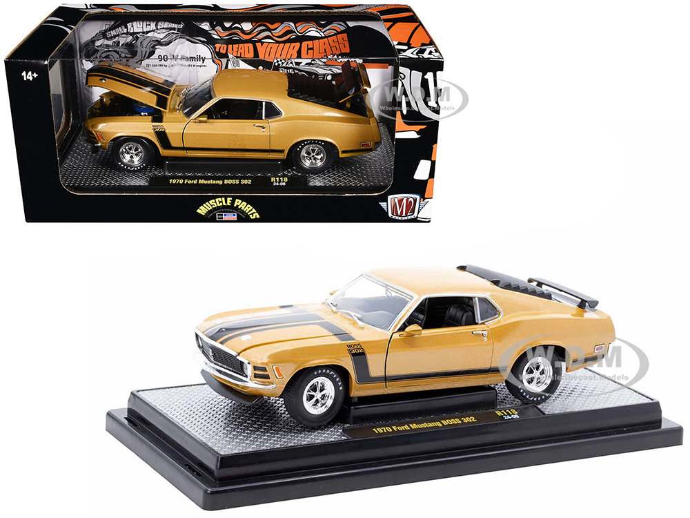 1970 Ford Mustang BOSS 302 Gold Metallic with Black Stripes Limited Edition to 6250 pieces Worldwide 1/24 Diecast Model Car by M2 Machines