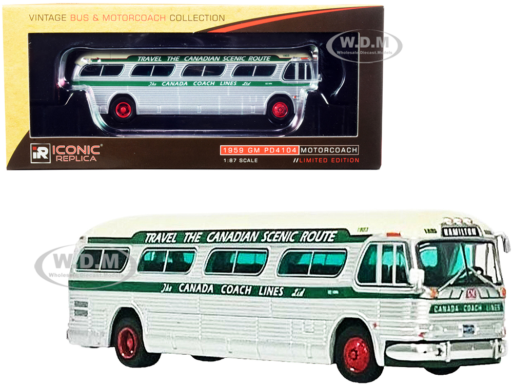 1959 GM PD4104 Motorcoach Bus Hamilton Canada Coach Lines Silver and Cream with Green Stripes Vintage Bus & Motorcoach Collection 1/87 (HO) Diecast Model by Iconic Replicas