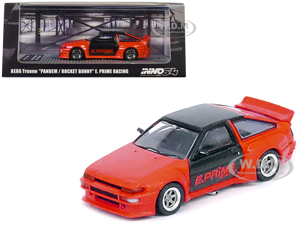 Toyota Corolla AE86 Trueno RHD (Right Hand Drive) Orange with Carbon Fibre Top and Doors E. Prime Racing - Pandem/Rocket Bunny 1/64 Diecast Model Car by Inno Models