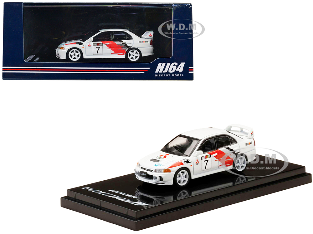 Mitsubishi Lancer GSR Evolution IV RHD (Right Hand Drive) #7 Scortia White Groupe A Rally Graphics 1/64 Diecast Model Car by Hobby Japan