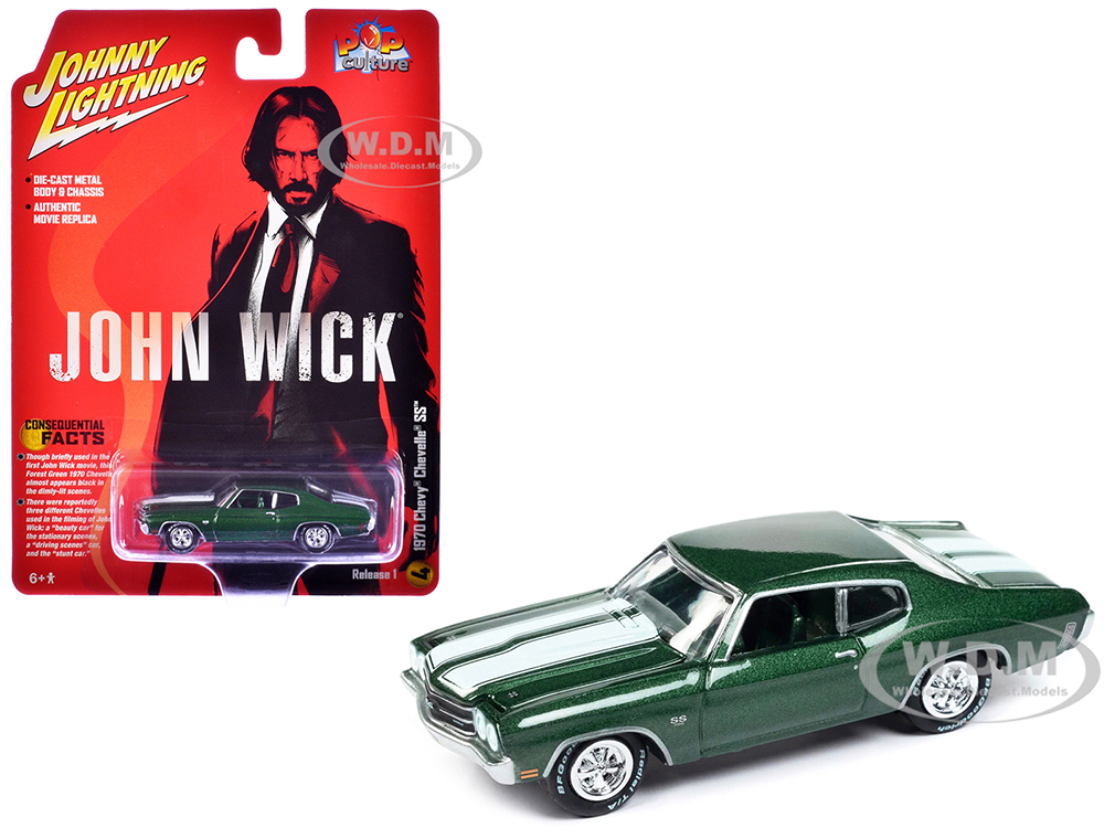 1970 Chevrolet Chevelle SS Forest Green Metallic with White Stipes John Wick (2014) Movie Pop Culture 2024 Release 1 1/64 Diecast Model Car by Johnny Lightning