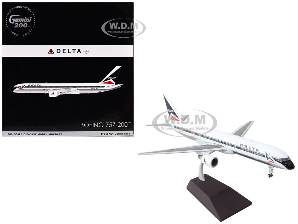 Boeing 757-200 Commercial Aircraft Delta Air Lines (N607DL) White with Red and Blue Stripes Gemini 200 Series 1/200 Diecast Model Airplane by GeminiJets