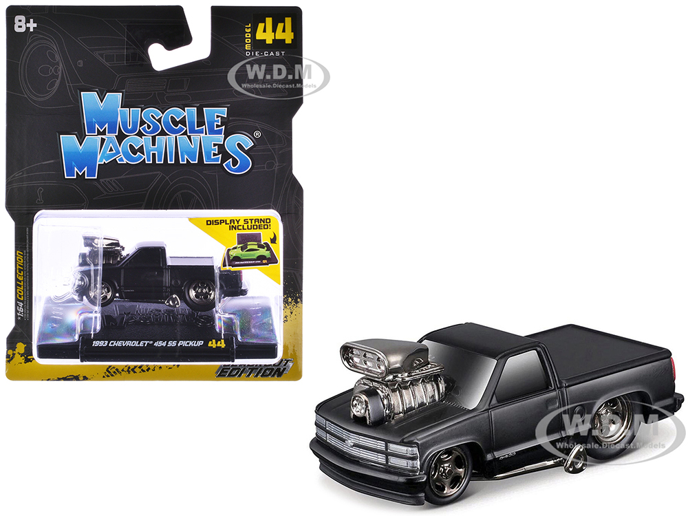 1993 Chevrolet 454 SS Pickup Truck Matt Black Blackout Edition 1/64 Diecast Model Car by Muscle Machines