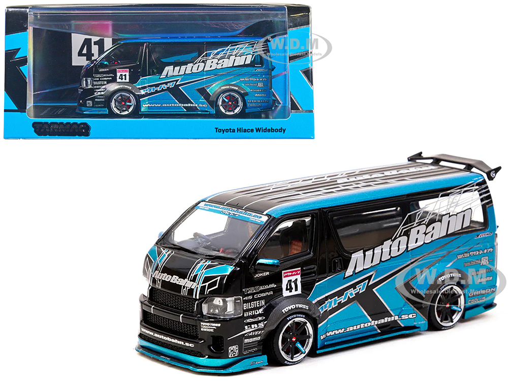 Toyota Hiace Widebody Van RHD (Right Hand Drive) AutoBahn Blue Metallic and Black with Graphics Hobby43 Series 1/43 Diecast Model Car by Tarmac Works