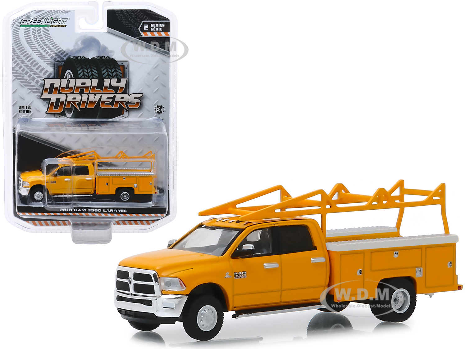 2018 Dodge Ram 3500 Laramie Service Bed Truck With Ladder Rack Yellow "dually Drivers" Series 2 1/64 Diecast Model Car By Greenlight