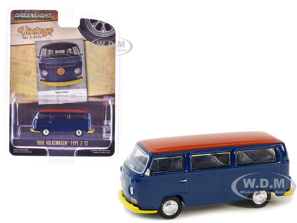 1968 Volkswagen Type 2 T2 Van Blue with Red Top Vintage Ad Cars Series 10 1/64 Diecast Model Car by Greenlight