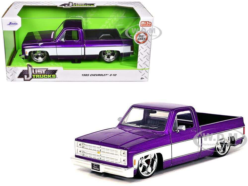 1985 Chevrolet C-10 Pickup Truck Purple Metallic and White with Cartelli Wheels Just Trucks Series 1/24 Diecast Model Car by Jada