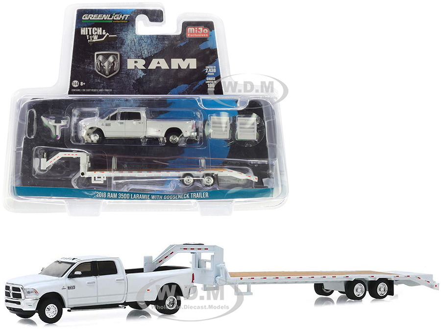 2018 Dodge Ram 3500 Laramie Pickup Truck With Gooseneck Trailer White "hitch & Tow" Series Limited Edition To 2438 Pieces Worldwide 1/64 Diecast