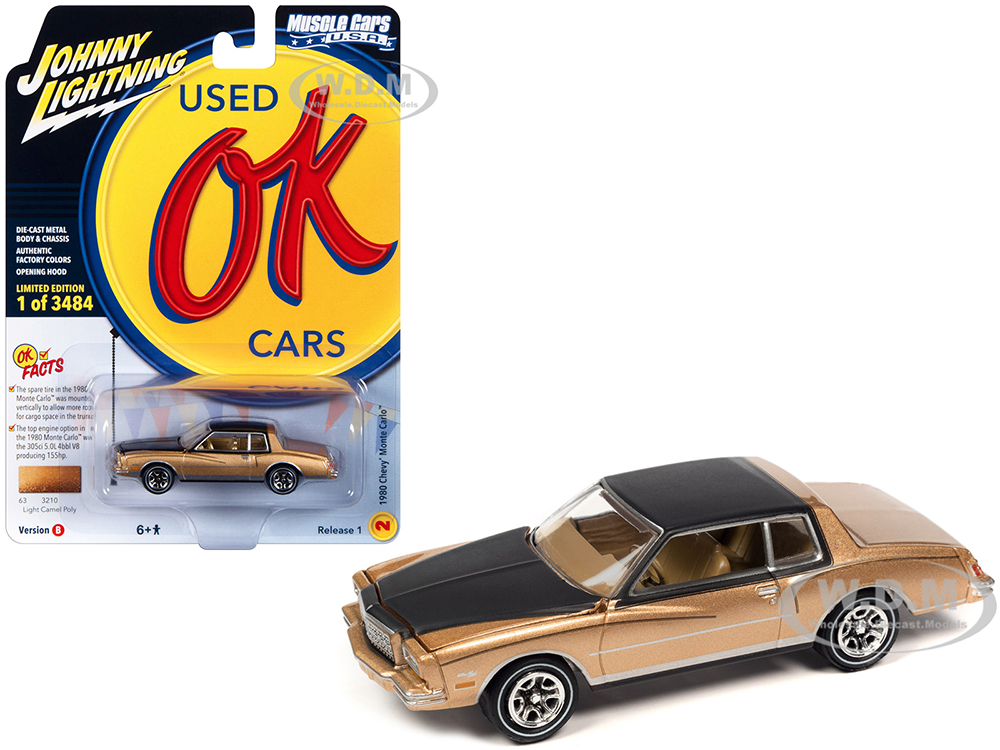 1980 Chevrolet Monte Carlo Light Camel Gold Metallic with Black Top and Hood Limited Edition to 3484 pieces Worldwide OK Used Cars 2023 Series 1/64 Diecast Model Car by Johnny Lightning