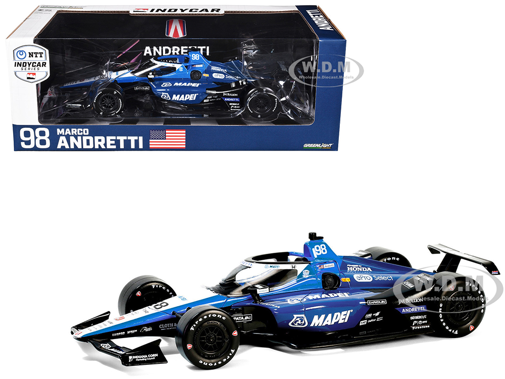 Dallara IndyCar #98 Marco Andretti Mapei Andretti Autosport NTT IndyCar Series (2024) 1/18 Diecast Model Car by Greenlight