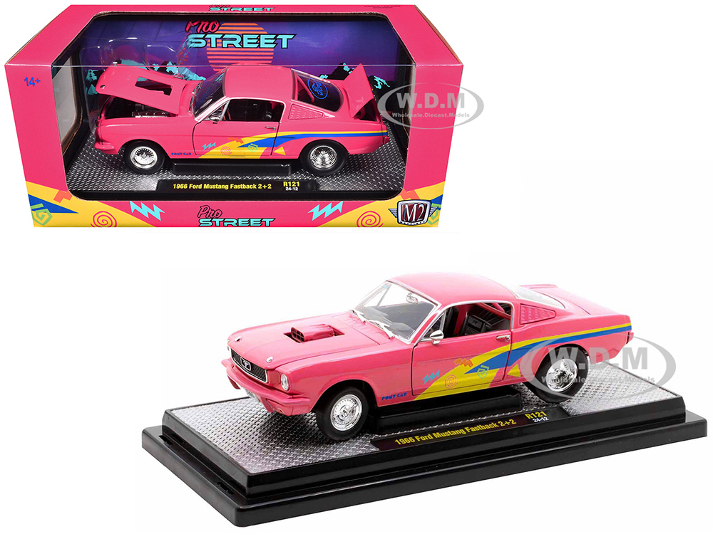 1966 Ford Mustang Fastback 2+2 Pink with Blue and Yellow Stripes Pro Street Limited Edition to 6250 pieces Worldwide 1/24 Diecast Model Car by M2 Machines