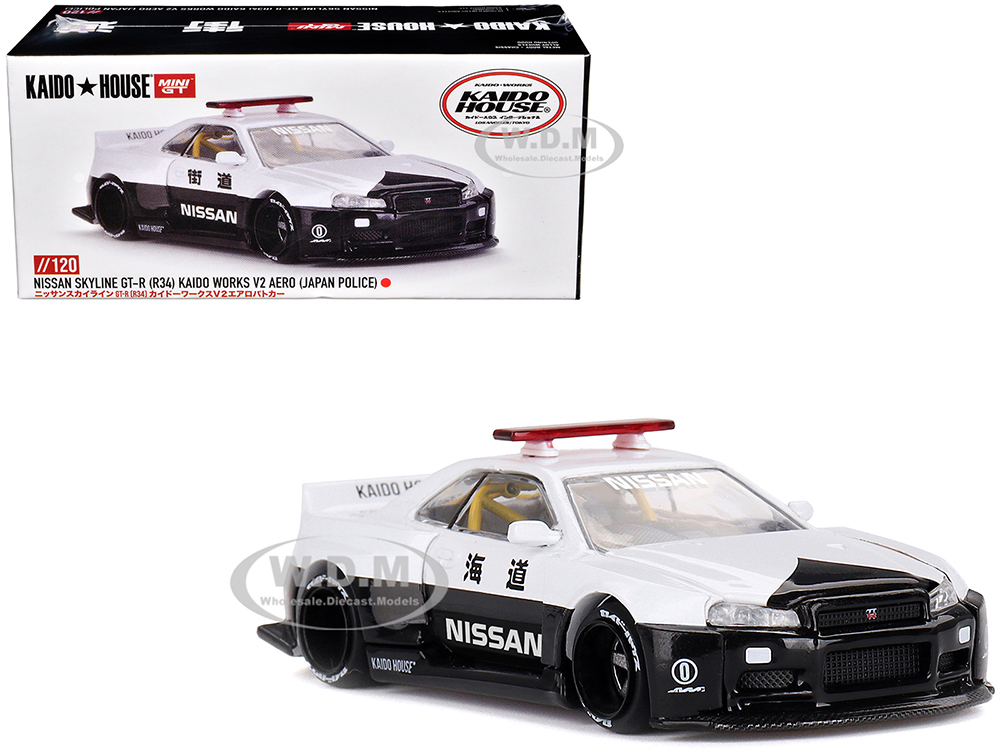 Nissan Skyline GT-R (R34) Kaido Works (V2 Aero) RHD (Right Hand Drive) Black and White Japan Police (Designed by Jun Imai) Kaido House Special 1/64 Diecast Model Car by Mini GT