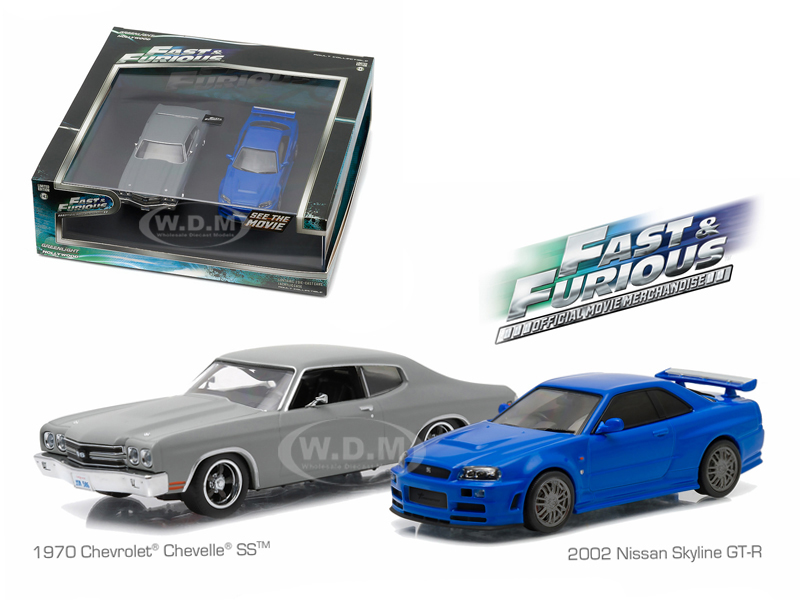 1970 Chevrolet Chevelle Ss Grey And 2002 Nissan Skyline Gt-r Blue Drag Scene "fast And Furious" Movie (2009) Diorama Set 1/43 Diecast Model Cars By G