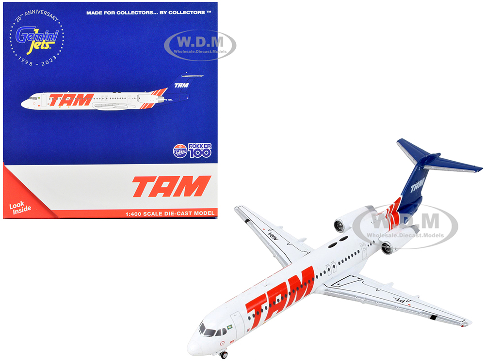 Fokker F100 Commercial Aircraft TAM Linhas Aereas White with Blue Tail 1/400 Diecast Model Airplane by GeminiJets