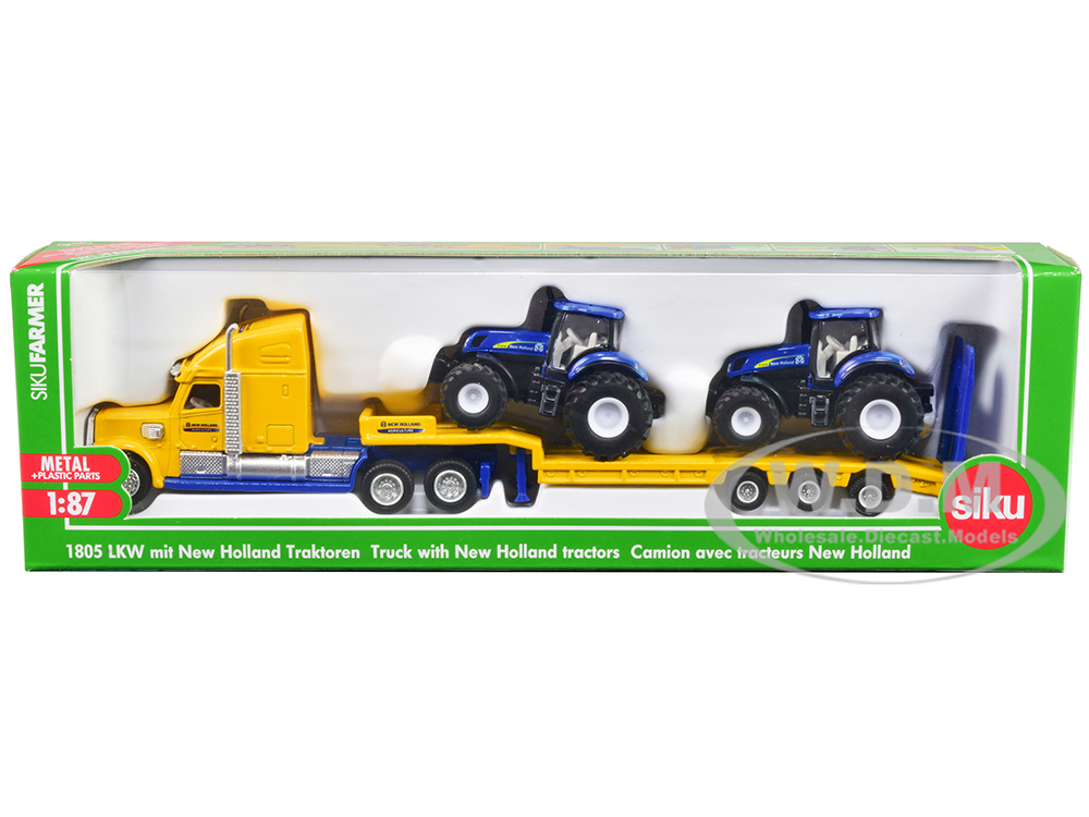 Tractor Truck Yellow with 2 New Holland T7070 Tractors Blue 1/87 (HO) Diecast Models by Siku