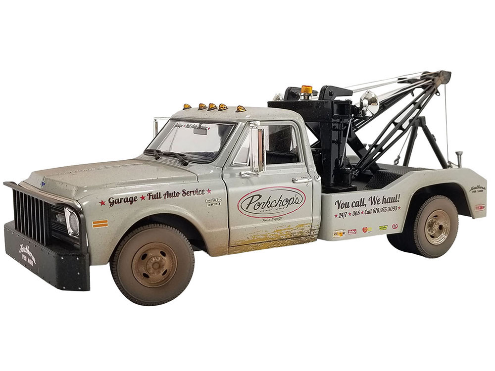 1969 Chevrolet C-30 Wrecker Tow Truck Porkchops Chop Shop Silver Metallic (Weathered) 1/18 Diecast Model Car by Greenlight for ACME