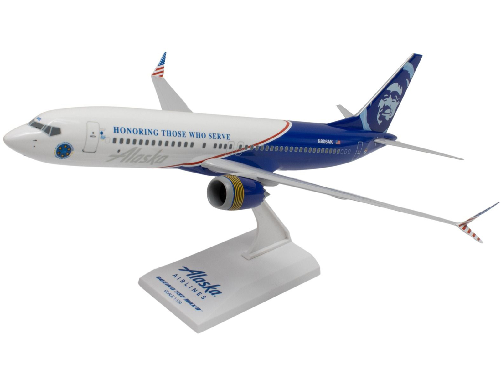 Boeing 737 MAX 8 Commercial Aircraft Alaska Airlines - Honoring Those Who Serve (N806AK) White and Blue (Snap-Fit) 1/130 Plastic Model by Skymarks