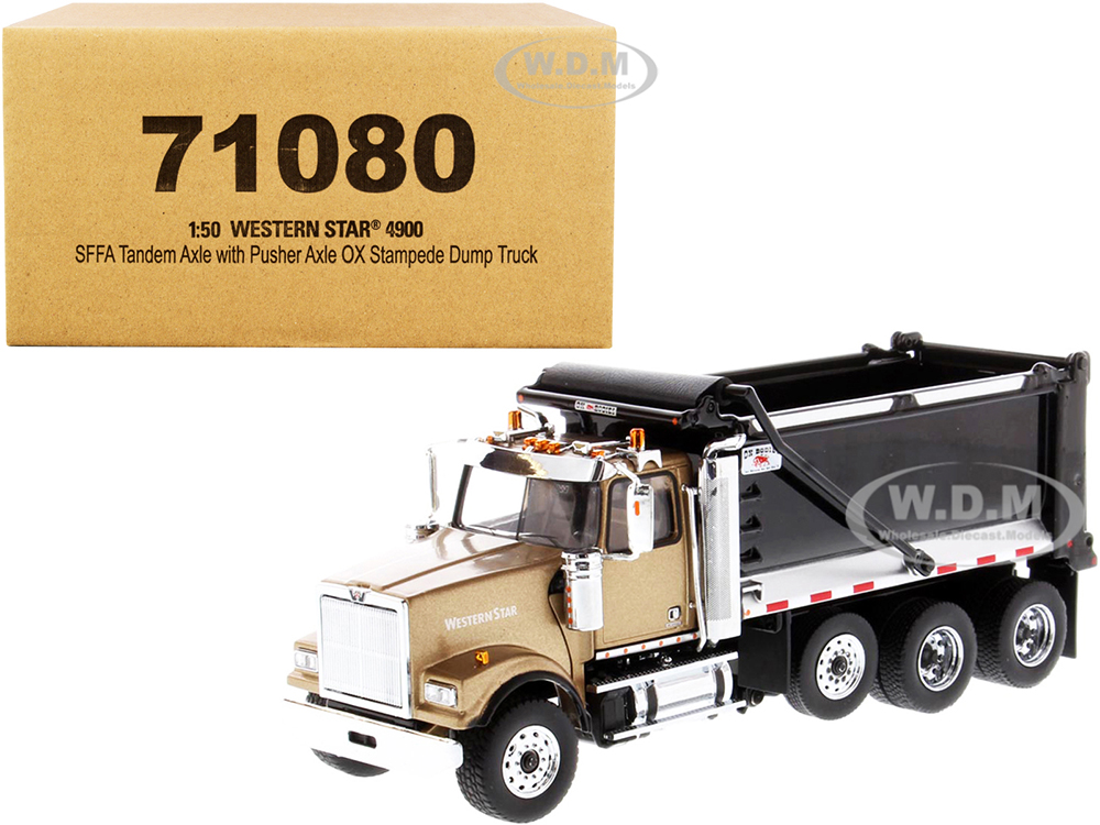 Western Star 4900 SFFA Tandem with Pusher Axle OX Stampede Dump Truck Gold and Black "Transport Series" 1/50 Diecast Model by Diecast Masters