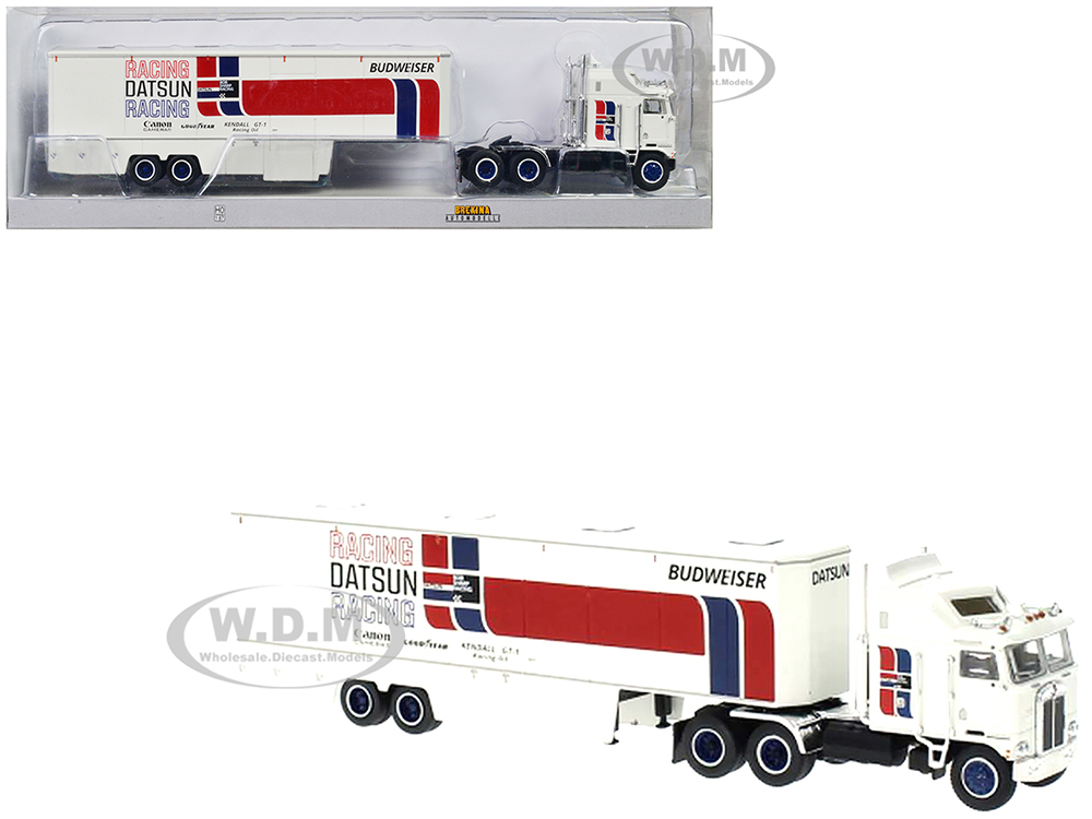 1980 Kenworth K-100 COE Aerodyne Transporter White Datsun Racing 1/87 (HO) Scale Model Car by Brekina