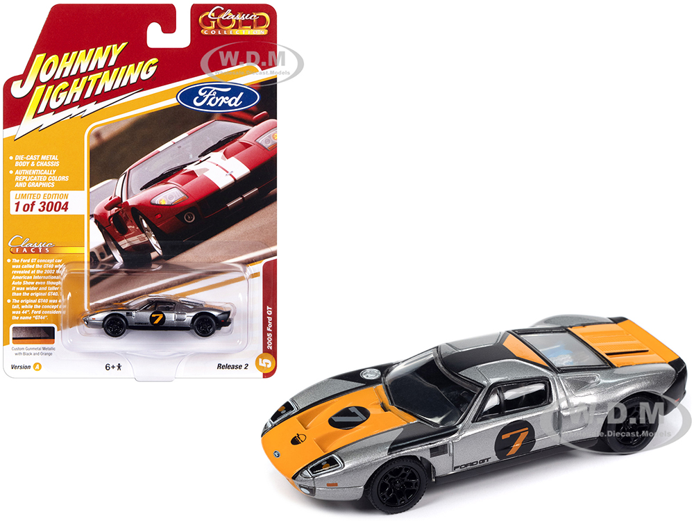 2005 Ford GT #7 Gunmetal Gray Metallic with Orange and Black Stripes Classic Gold Collection 2023 Release 2 Limited Edition to 3004 pieces Worldwide 1/64 Diecast Model Car by Johnny Lightning