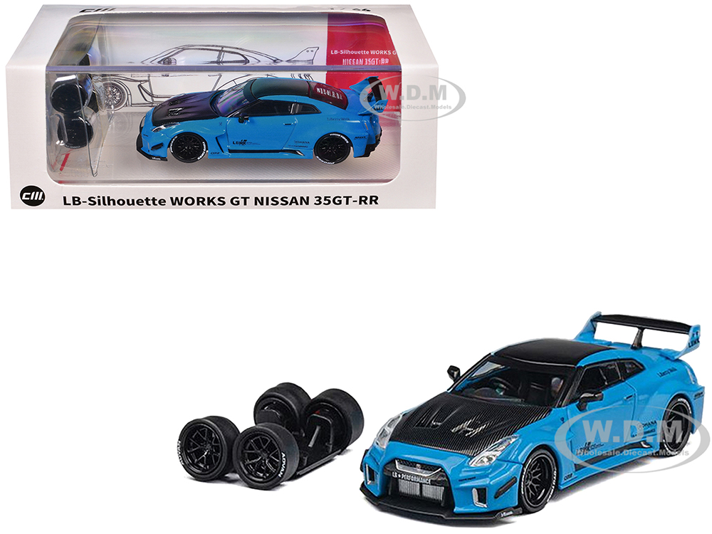 Nissan 35GT-RR LB-Silhouette Works GT RHD (Right Hand Drive) Blue with Carbon Hood and Black Top with Extra Wheels 1/64 Diecast Model Car by CM Models