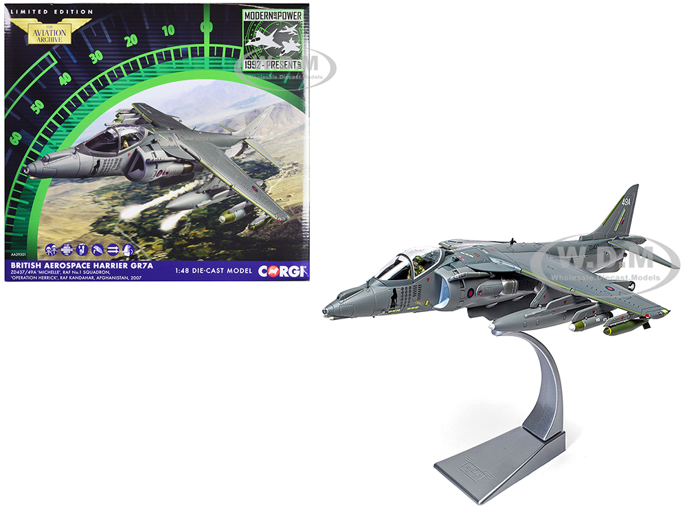 British Aerospace Harrier GR7A Aircraft Michelle RAF No.1 Squadron Operation Herrick RAF Kandahar Afghanistan (2007) Royal Air Force The Aviation Archive Series 1/48 Diecast Model by Corgi