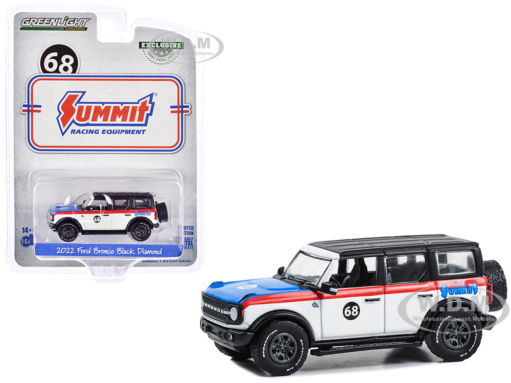 2022 Ford Bronco Black Diamond #68 Summit Racing White with Red Stripes Black Top and Blue Hood Hobby Exclusive Series 1/64 Diecast Model Car by Greenlight