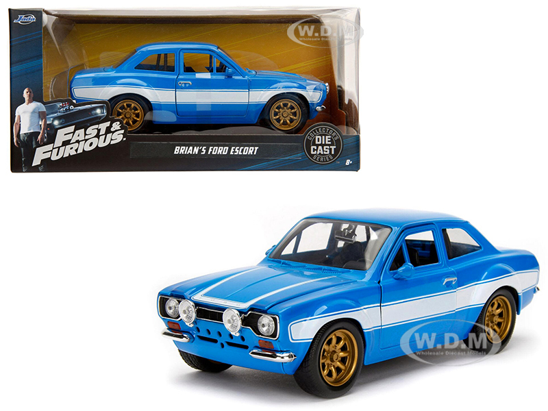 1970 Brians Ford Escort Blue With White Stripes "fast & Furious" Movie 1/24 Diecast Model Car By Jada
