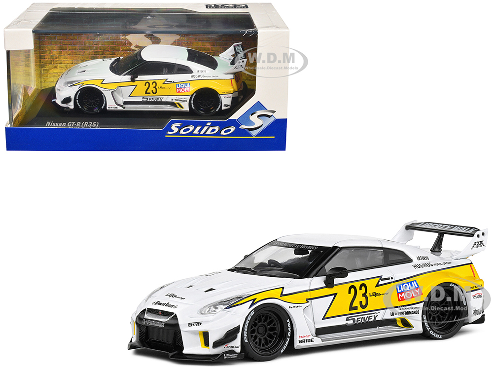 2019 Nissan GTR35 "LBWK Silhouette" RHD (Right Hand Drive) 23 White with Yellow Graphics 1/43 Diecast Model Car by Solido