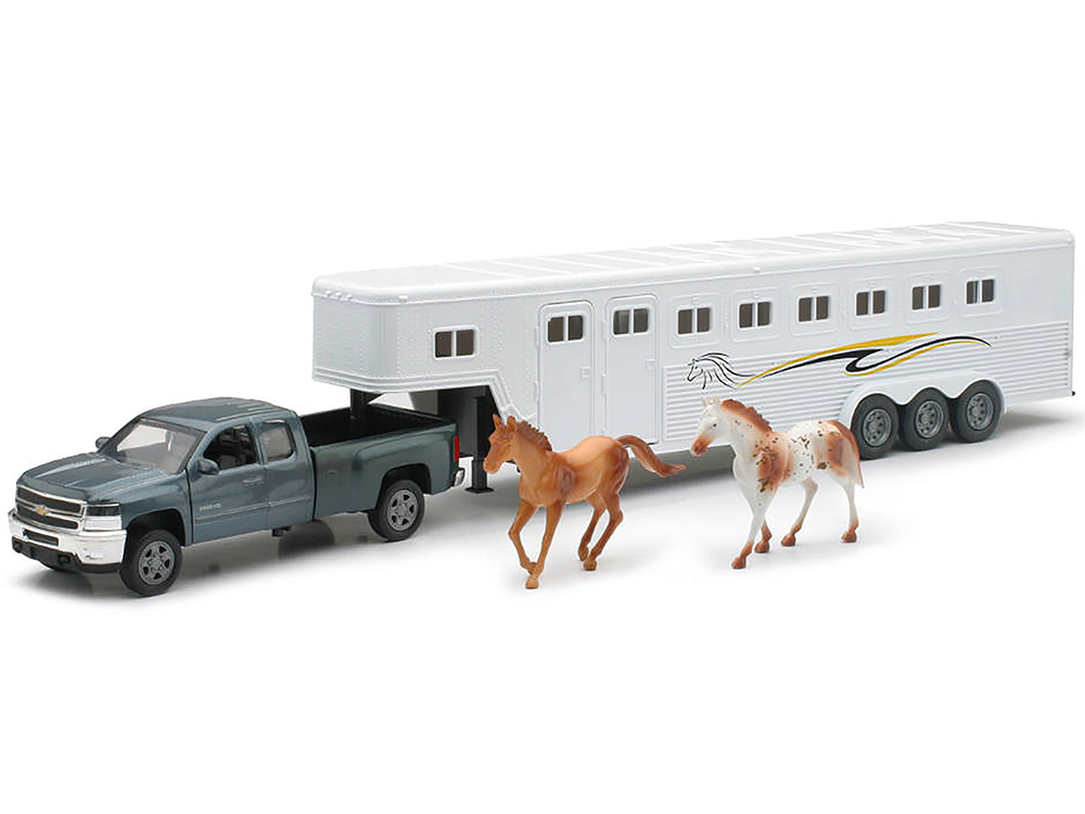 Chevrolet Silverado 2500HD Pickup Truck Gray Metallic with Horse Trailer White and Horse Figures "Long Haul Truckers" Series 1/32 Diecast Model by Ne