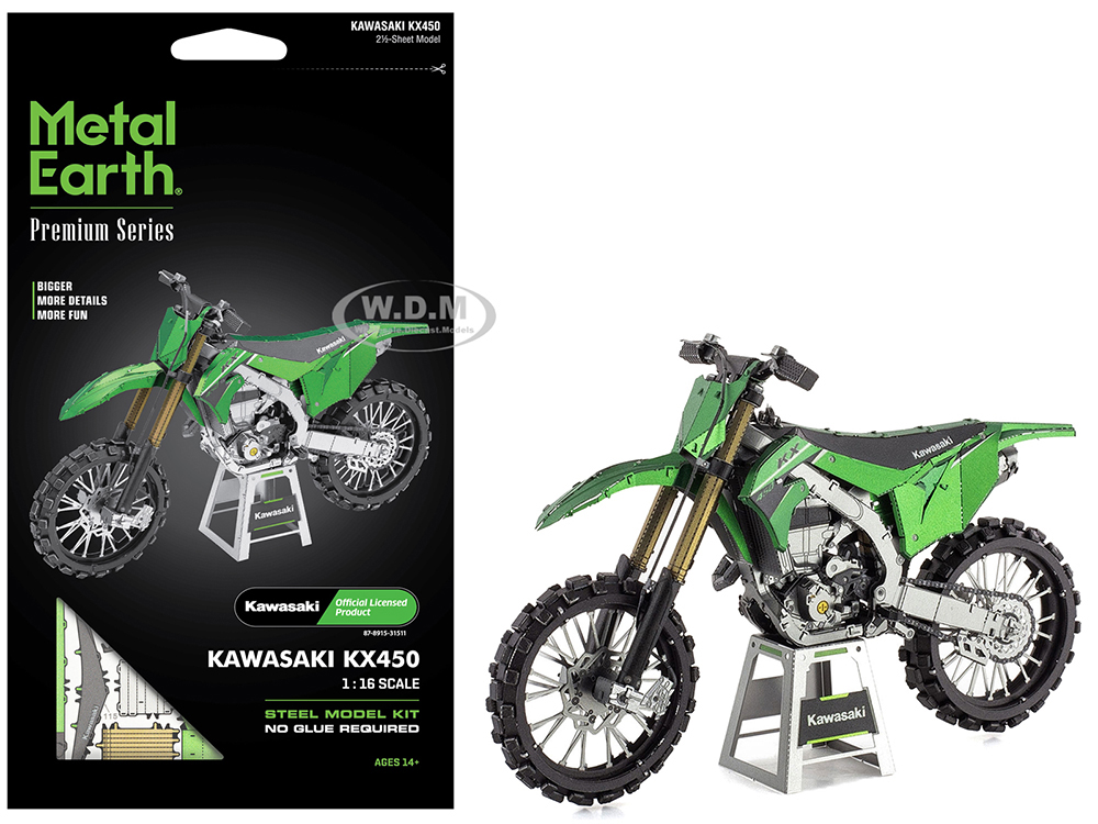 Model Kit Kawasaki KX450 Off-Road Motorcycle Green (Challenging Difficulty) Steel Model by Metal Earth