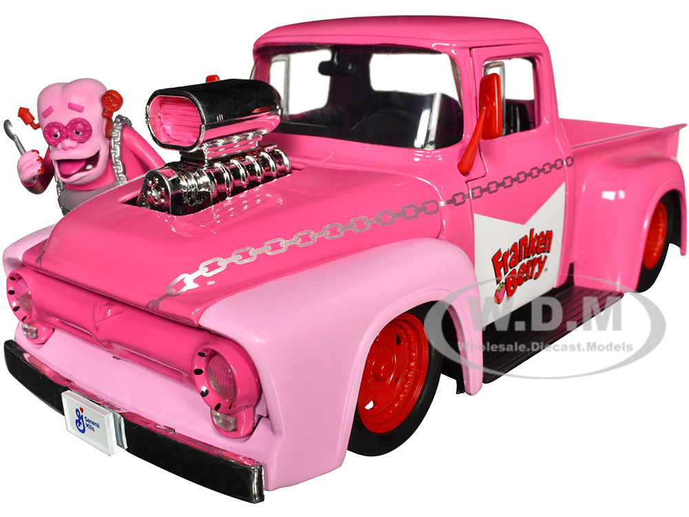 1956 Ford F-100 Pickup Truck Pink with Graphics and Franken Berry Diecast Figure Franken Berry Hollywood Rides Series 1/24 Diecast Model Car by Jada