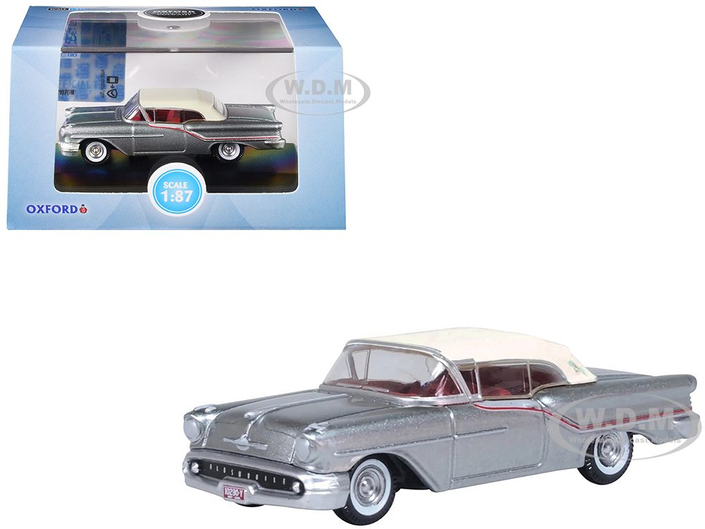 1957 Oldsmobile 88 Convertible (Top-Up) Juneau Gray With White Top And Red Interior 1/87 (HO) Scale Diecast Model Car By Oxford Diecast