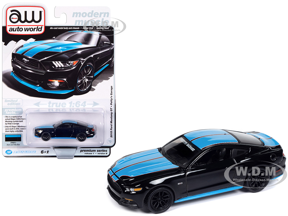 2015 Ford Mustang GT Pettys Garage Black with Petty Blue Stripes Modern Muscle Limited Edition 1/64 Diecast Model Car by Auto World