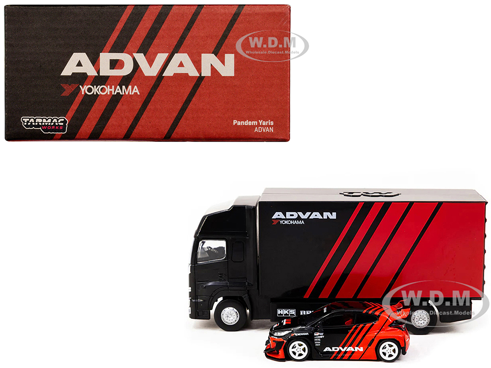 Toyota Pandem Yaris RHD (Right Hand Drive) Red and Black Advan Livery with Plastic Transporter Packaging Advan 1/64 Diecast Model Car by Tarmac Works