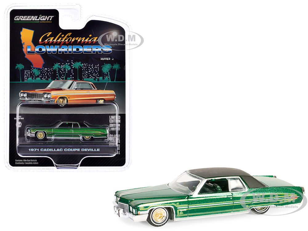 1971 Cadillac Coupe DeVille Lowrider Green Metallic with Black Top and Green Interior California Lowriders Series 5 1/64 Diecast Model Car by Greenlight