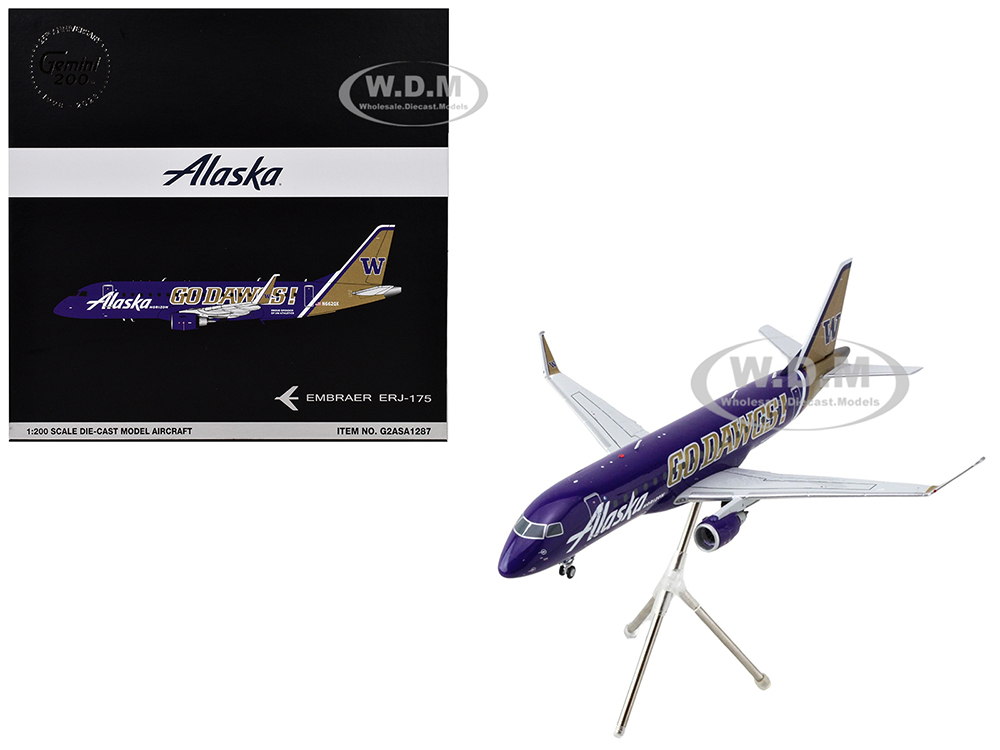 Embraer ERJ-175 Commercial Aircraft Alaska Airlines/Horizon - University of Washington Huskies (N662QX) Purple with Gold Tail Gemini 200 Series 1/200 Diecast Model Airplane by GeminiJets