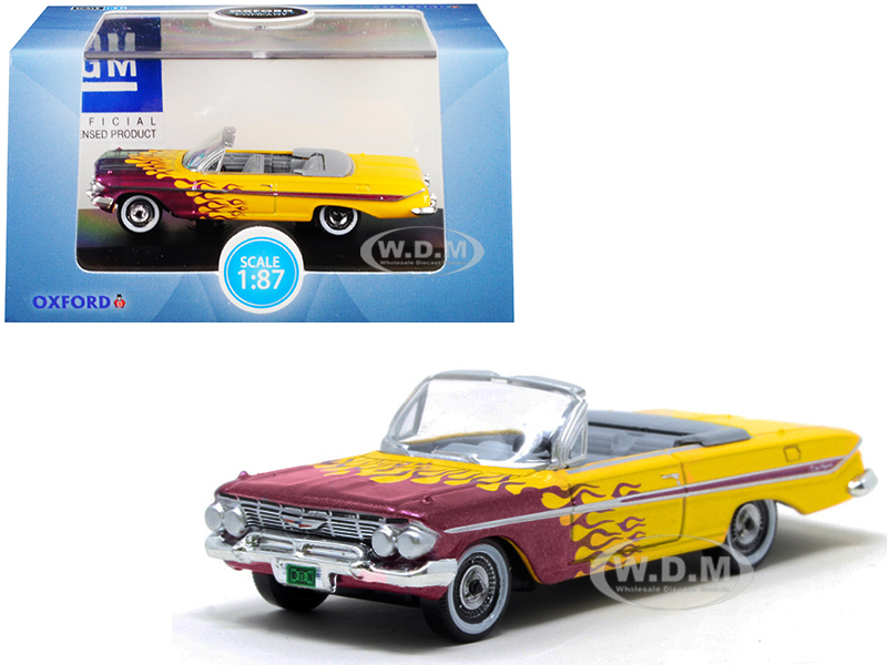 1961 Chevrolet Impala Convertible Yellow with Purple Flames Hot Rod 1/87 (HO) Scale Diecast Model Car by Oxford Diecast