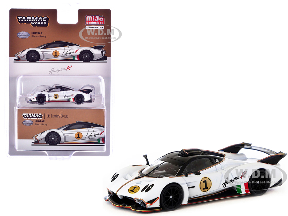 Pagani Huayra R #1 Bianco Benny White with Black Top Lamley Special Edition Global64 Series 1/64 Diecast Model by Tarmac Works